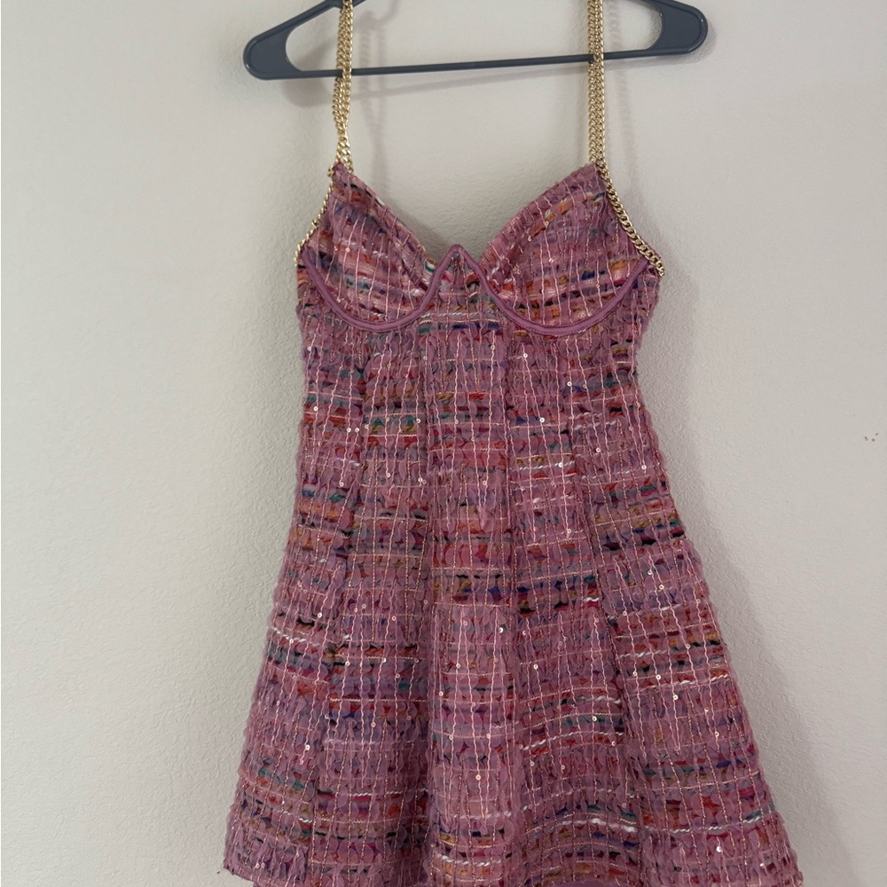 For Love & Lemons Plaid Pink Multi Mini Dress Celine Tweed Chain (S) Like New - Picture 13 of 13